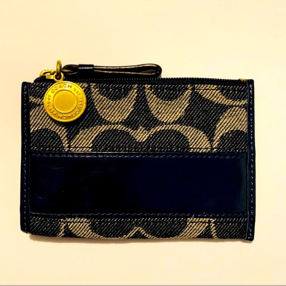 Coach Handbags - Coach | Card Case | Coach Signature Print in Gray & Navy Mini Skinny